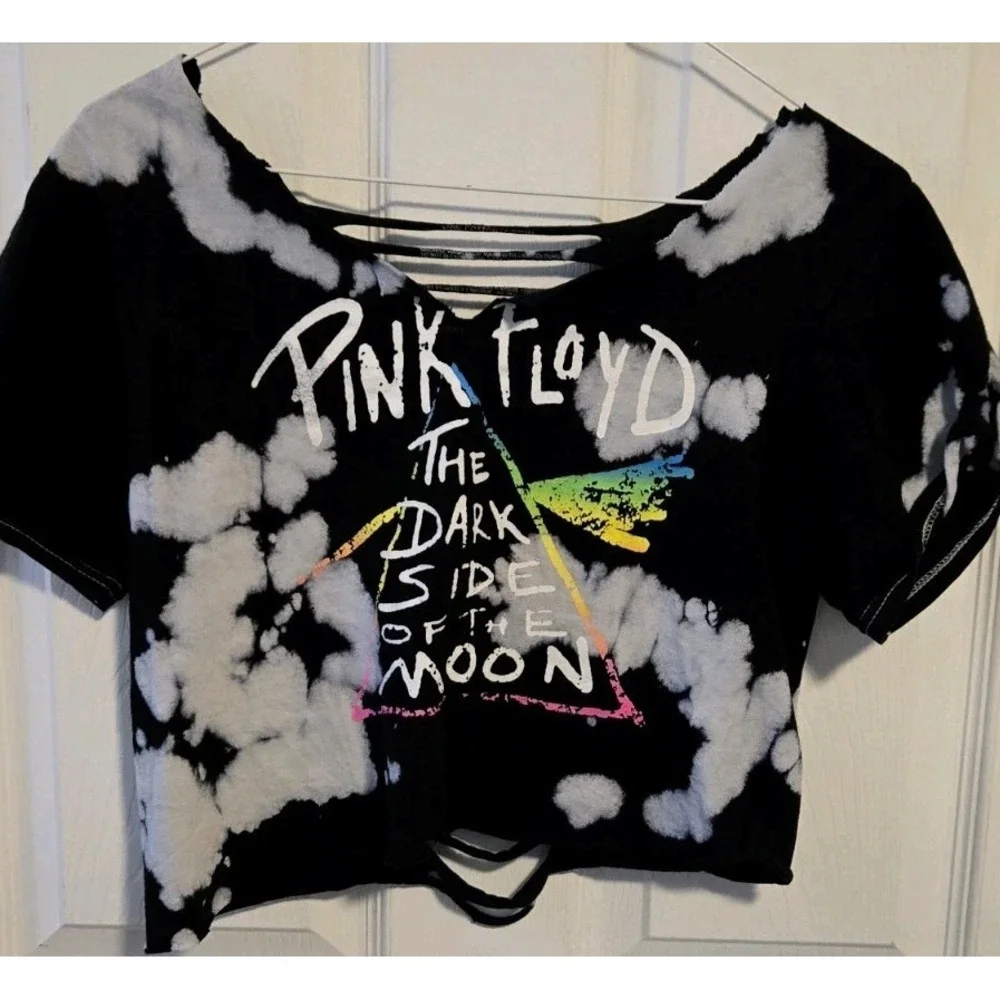 Pink Floyd Dark Side Moon Crop Top Bleach Tie Dye Shredded Cutout Band Tee S M